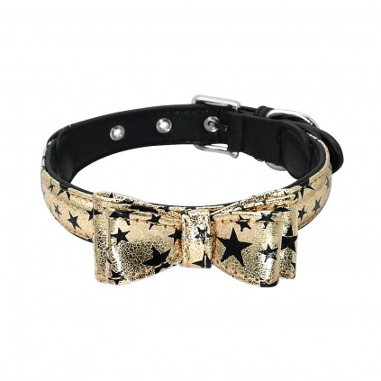 Ошейник для собак с бантом украшеным черными звездами, золотой 1,5 *37см