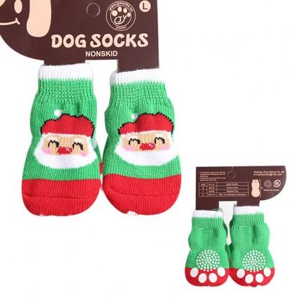 Носки для собак Multibrand "Санта Клаус" новогодние, с прорезиненной подошвой,  зеленый