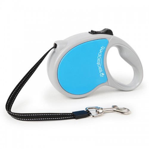 Рулетка для собак із стрічковим повідцем блакитного кольору сіра ручка