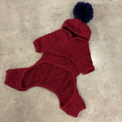 Вязанный костюм для собак Seven Heaven с косичками на ткани, с бубоном на капюшоне, бордовый