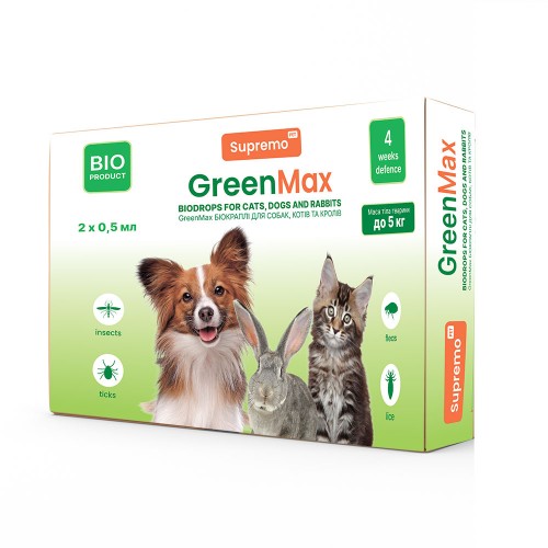 Краплі GREENMAX БІО для котів, дрібних собак та кролів, вагою до 5кг 0,5мл профілактика від паразитів до 4 тиднів