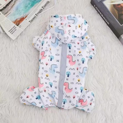 Дождевик для собак на 4 лапы с рисункомм динозавриков и светоотражающей полосой, белый