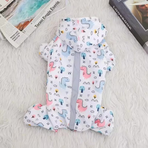 Дождевик для собак на 4 лапы с рисункомм динозавриков и светоотражающей полосой, белый