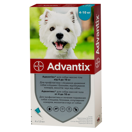 Advantix Капли от блох и клещей для собак весом 4-10кг 1амп.1,0мл