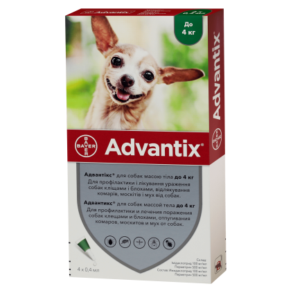 Advantix Капли от блох и клещей для собак весом до 4кг 1амп.0,4мл