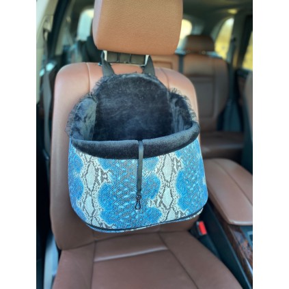 Автокрісло для собак і кішок у машину Maralis чорний плюш та блакитний пітон