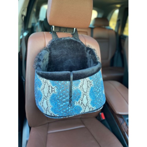 Автокресло для собак и кошек в машину Maralis черный плюш и голубой питон