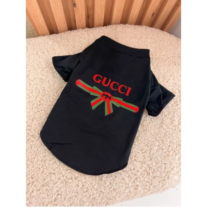 Брендовая футболка для собак Gucci с зелено-красной полоской и бантом на спинке, черная