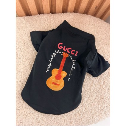 Брендовая футболка для собак Gucci с коричневой гитарой на спинке, черная