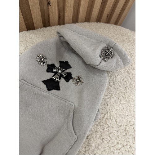 Брендова худорлява Chrome Hearts Style з декоративними хрестами для собак і кішок | Сіра тепла толстовка з капюшоном