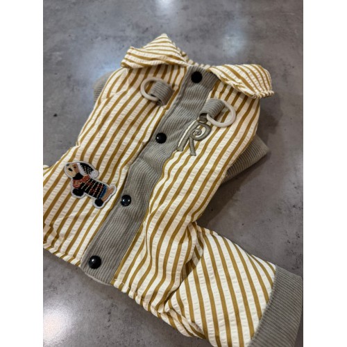 Зимовий комбінезон для собак із сірими вертикальними смугами, кнопки на спині, жовтий