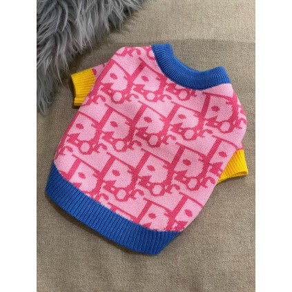 Брендовый свитер для собак DIOR с желто-синими резинками на краях, розовый