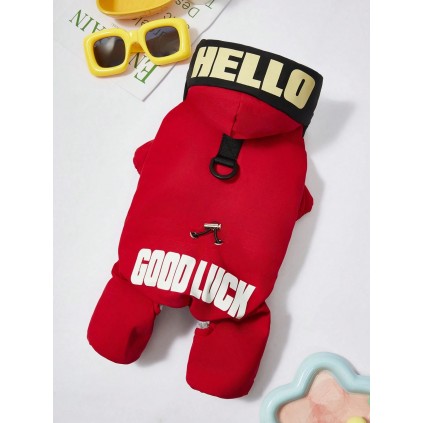 Зимовий комбінезон для собак "Hello, Good Luck" із кільцем на спинці, червоний
