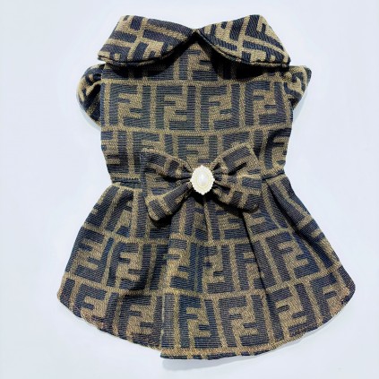 Брендовое летнее платье для собак FENDI с бантом и круглым воротником, коричневое
