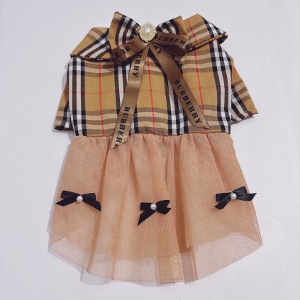 Брендовое летнее платье для собак Burberry с шифоновой юбкой и бантиками, коричневое