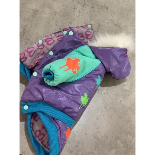 Зимняя куртка для собак For My Dogs Клякса на хлопковом подкладе, с капюшоном на кнопке, фиолетовая