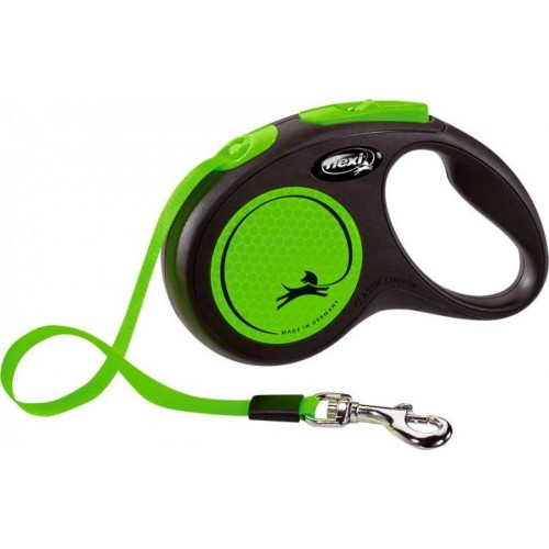 Рулетка для собак с ленточным поводком S Flexi New Neon зеленого цвета 5м/15кг