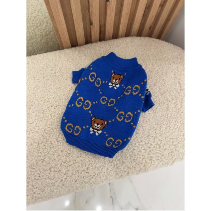 Брендовий светр для собак GUCCI з коричневими ведмедиками та значками бренду, синій