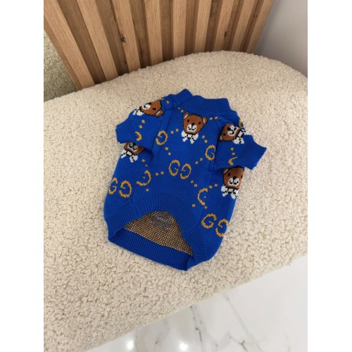 Брендовий светр для собак GUCCI з коричневими ведмедиками та значками бренду, синій