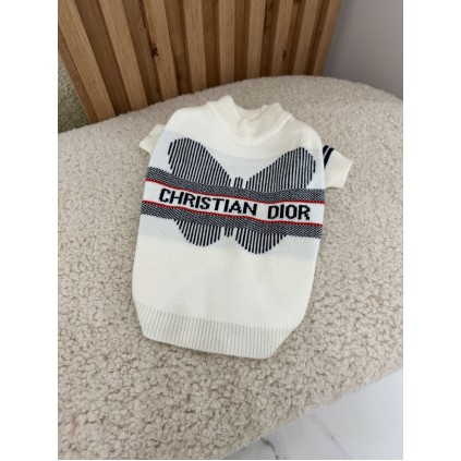 Брендовий светр для собак CHRISTIAN DIOR з синім метеликом, білий