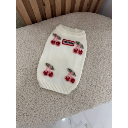 Брендовий светр для собак MIUMIU з вишенками з бісеру, білий