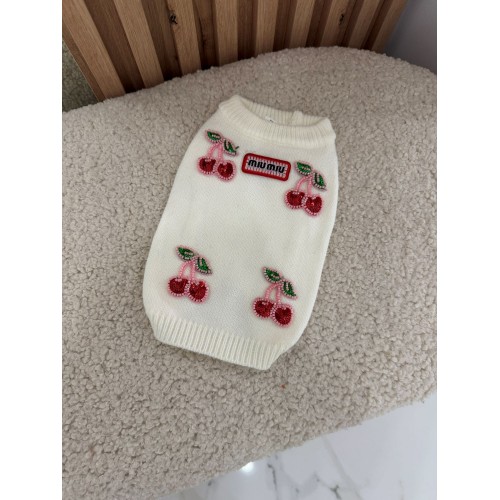 Брендовий светр для собак MIUMIU з вишенками з бісеру, білий