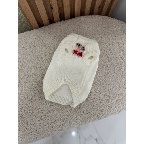 Брендовий светр для собак MIUMIU з вишенками з бісеру, білий