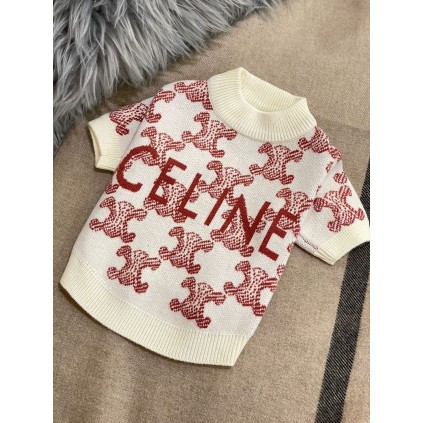 Брендовий светр для собак Celine принт в рожеві значки, білий