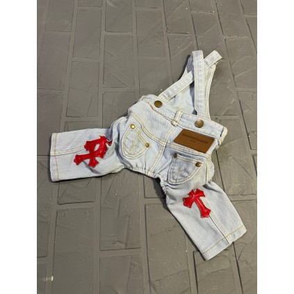 Брендовые штаны для собак Chrome Hearts джинсовые на подтяжках с красными крестами, голубые