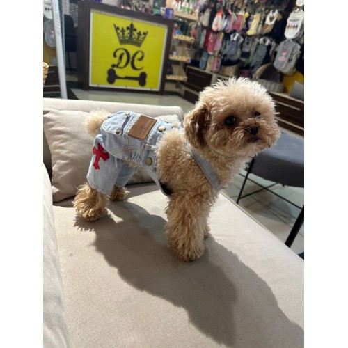 Брендовые штаны для собак Chrome Hearts джинсовые на подтяжках с красными крестами, голубые