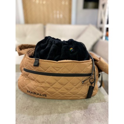 Сумка-переноска для собак на плечо MARALIS зимняя меховая сумка внутри, с карманом на змейке, коричневая