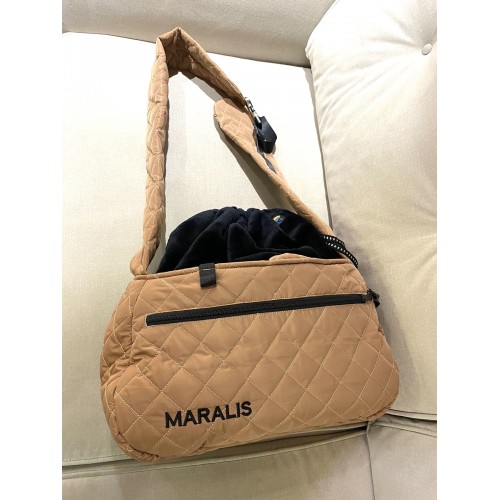 Сумка-переноска для собак на плечо MARALIS зимняя меховая сумка внутри, с карманом на змейке, коричневая