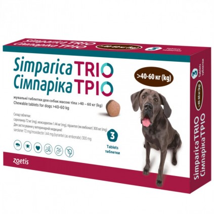Таблетки Симпарика ТРИО от блох, клещей и гельминтов для собак от 40,1 до 60кг 1табл.