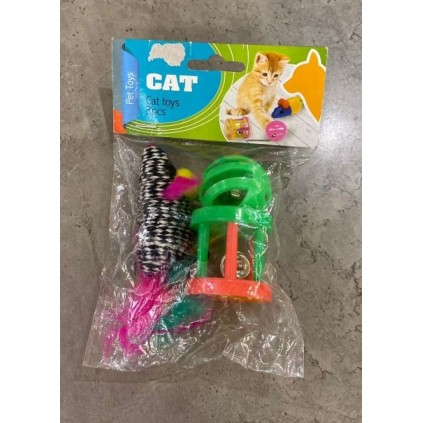 Игрушка для котов "НАБОРЧИК" мышка с перышками, шарик и и каталка с колокольчиками 3шт