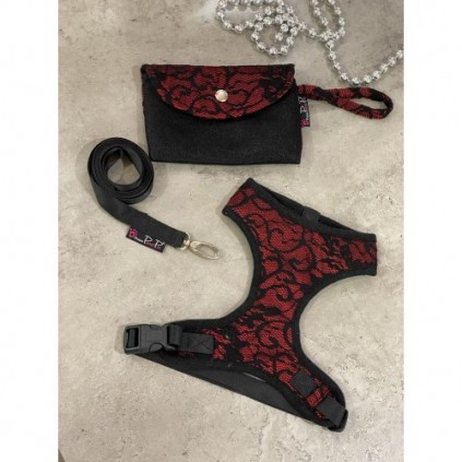 Шлея для собак Pretty Pet тканинна з мереживом, нейлонові ремінці, з повідцем, Fancy Lace червоний