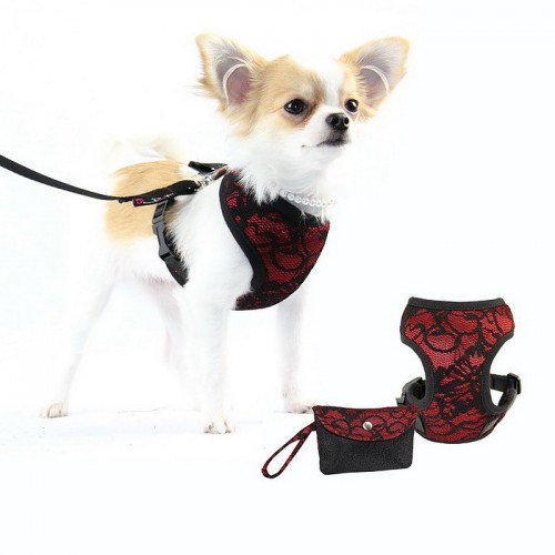 Шлея для собак Pretty Pet тканевая с кружевом, нейлоновые ремешки, с поводком, Fancy Lace красный