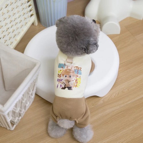 Трикотажний комбінезон для собак "LABUBU" коричневі штани, колечко для повідця, бежевий