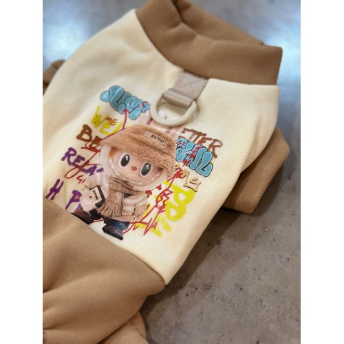 Трикотажний комбінезон для собак "LABUBU" коричневі штани, колечко для повідця, бежевий