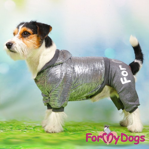Трикотажный комбинезон для собак For My Dogs Silver с капюшоном, на кнопкахсерого цвета