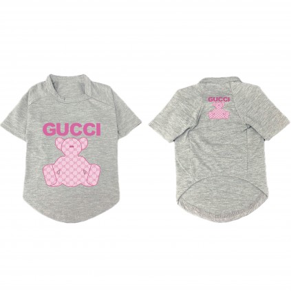 Брендовая футболка для собак Gucci с розовым мишкой, серая