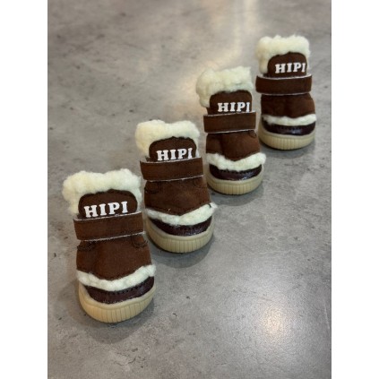 Обувь зимняя для собак УГГИ HIPPY замшевые с мехом, на резиновой подошве, с липучкой, коричневые