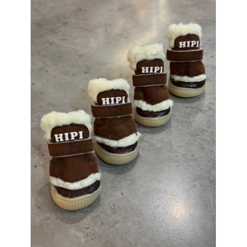 Взуття зимове для собак УГГІ HIPPY замшеве з хутром, на гумовій підошві, з липучкою, коричневе