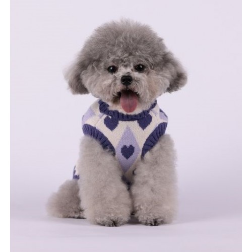 Свитер для собак Cheepet без рукавов, принт с сердцами в ромбах, фиолетовый