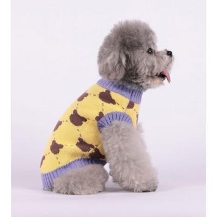 Светр для собак Cheepet без рукавів, з принтом корисними ведмедиками та фіолетовою окантовкою, жовтий