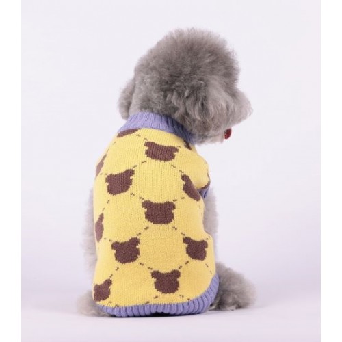 Свитер для собак Cheepet без рукавов, с принтом корисневыми мишками и фиолетовой окантовкой, желтый
