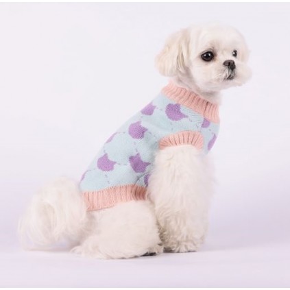 Светр для собак Cheepet без рукавів, з принтом фіолетових котиків та рожевою окантовкою, блакитний