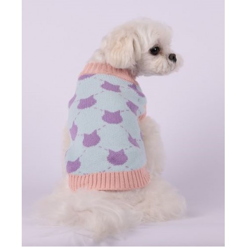 Свитер для собак Cheepet без рукавов, с принтом фиолетовых котиков и розовой окантовкой, голубой