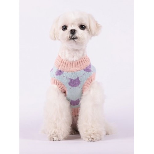 Свитер для собак Cheepet без рукавов, с принтом фиолетовых котиков и розовой окантовкой, голубой