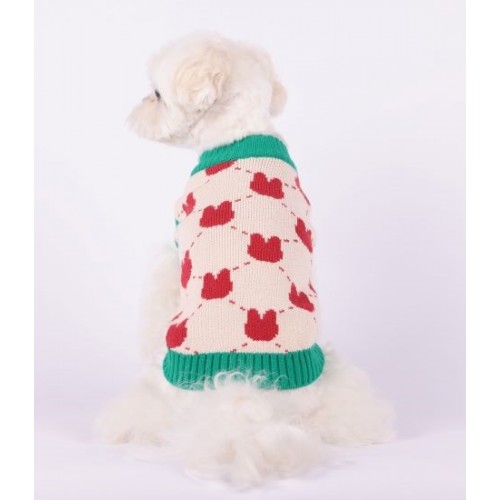 Свитер для собак Cheepet без рукавов, с принтом красных зайчиков и зеленой окантовкой, бежевый