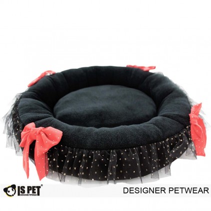 Лежанка для собак і кішок Is Pet Gliter ribbon bed чорного кольору плюшева з мереживом та бантиками